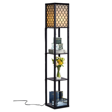 Grīdas lampa ar plauktiem, melns koks, krēmkrāsas abažūrs, 160 cm