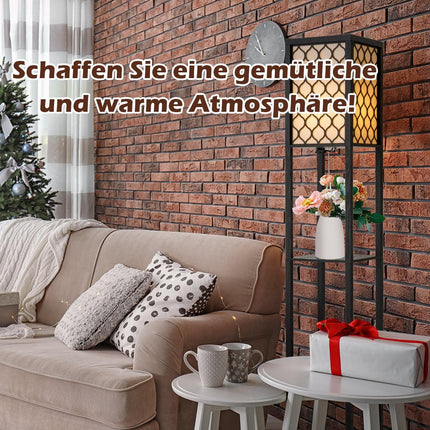 Grīdas lampa ar plauktiem, melns koks, krēmkrāsas abažūrs, 160 cm