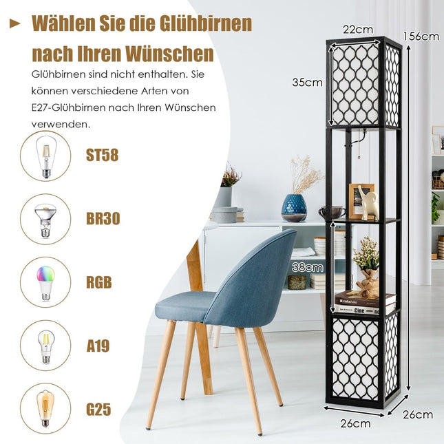 Grīdas lampa ar plauktiem, divkāršs apgaismojums, balts abažūrs, 156 cm