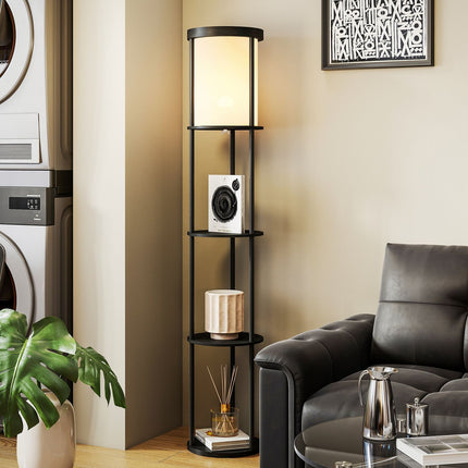 Grīdas lampa ar plauktiem, tālvadības pults, regulējams apgaismojums, melna