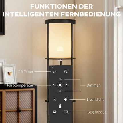 Grīdas lampa ar plauktiem, tālvadības pults, regulējams apgaismojums, melna