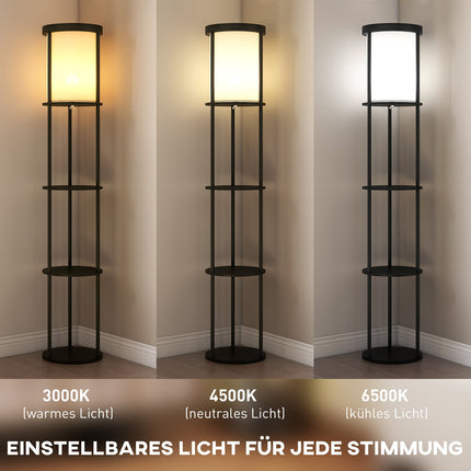 Grīdas lampa ar plauktiem, tālvadības pults, regulējams apgaismojums, melna