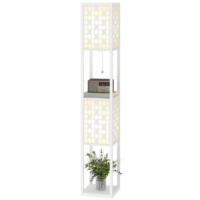 Grīdas lampa, režģa raksts, divlīmeņu plaukti, dažādām spuldzēm, balta