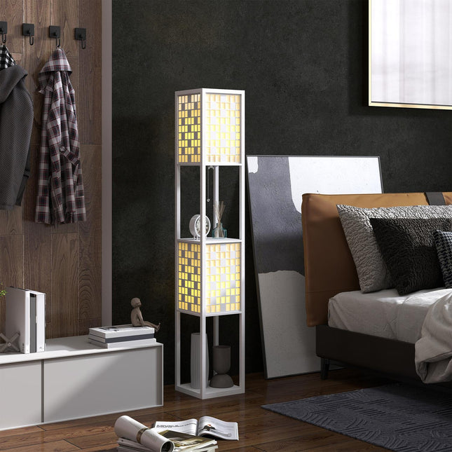 Grīdas lampa, režģa raksts, divlīmeņu plaukti, dažādām spuldzēm, balta