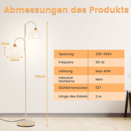 Grīdas lampa ar 2 lampām un kājas slēdzi, 350° grozāms koka formas lampas abažūrs