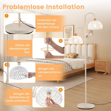 Grīdas lampa ar 2 lampām un kājas slēdzi, 350° grozāms koka formas lampas abažūrs