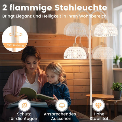Grīdas lampa ar 2 lampām un kājas slēdzi, 350° grozāms koka formas lampas abažūrs
