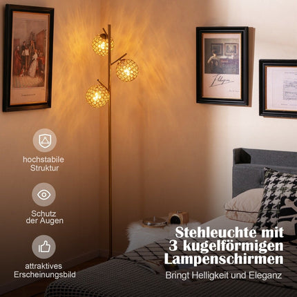 Grīdas lampa ar 3 abažūriem un kājas slēdzi, brīvi stāvoša grīdas lampa, 169 cm koka lampa