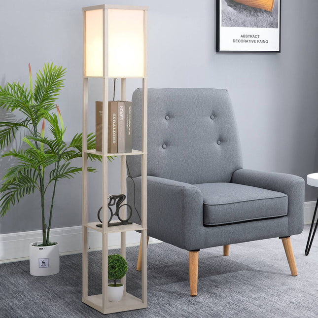 Grīdas lampa ar 3 plauktiem, iekšējais apgaismojums, E27, līdz 40W, E1-MDF, akrils, ozols+balts, 26x26x160 cm