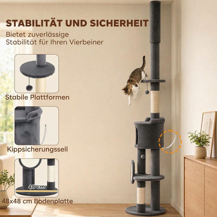 Floor-to-Ceiling Cat Tree 225-255 cm with Cave and Hammock, Dark Grey