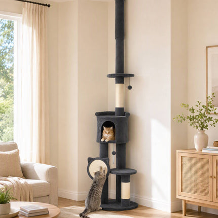 Floor-to-Ceiling Cat Tree 225-255 cm with Cave and Hammock, Dark Grey
