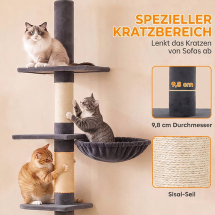Floor-to-Ceiling Cat Tree 225-255 cm with Hammock, 5 Levels, Dark Grey