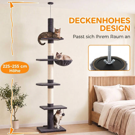 Floor-to-Ceiling Cat Tree 225-255 cm with Hammock, 5 Levels, Dark Grey