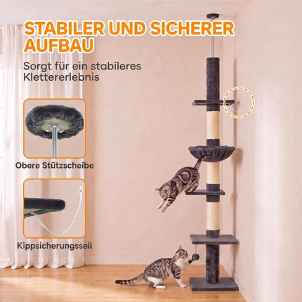 Floor-to-Ceiling Cat Tree 225-255 cm with Hammock, 5 Levels, Dark Grey