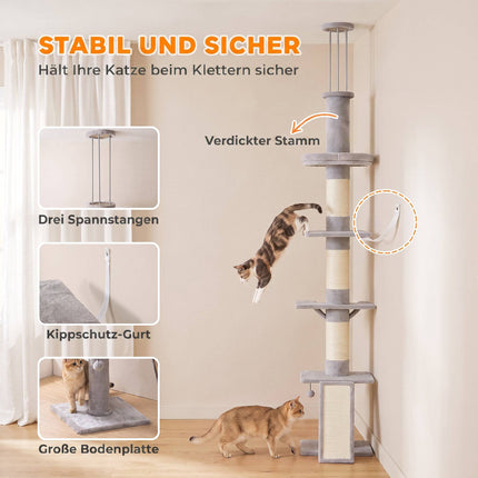 Floor-to-Ceiling Cat Tree 230-260 cm with 5 Levels, 3 Sisal Posts, Light Grey