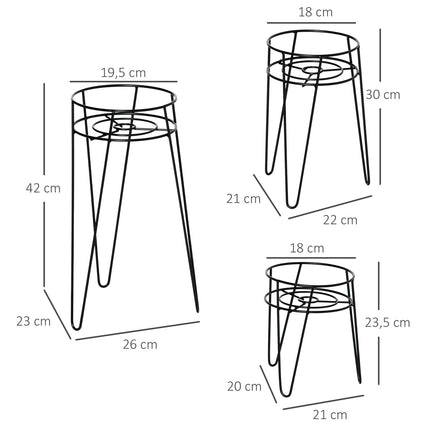 Puķu statīvu komplekts, 3 metāla augu statīvu komplekts, puķu pods, puķu poda turētājs, augu krēsls puķu podam līdz 16 cm diametram, melns