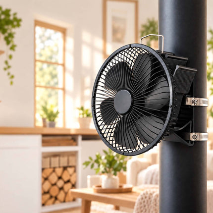 Flue Pipe Stove Fan with Guard and 6 Blades, Clamp Mounting, Black