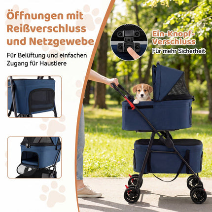 Salokāms 3-in-1 mājdzīvnieku ratiņi ar diviem pārnēsāšanas nodalījumiem, zili