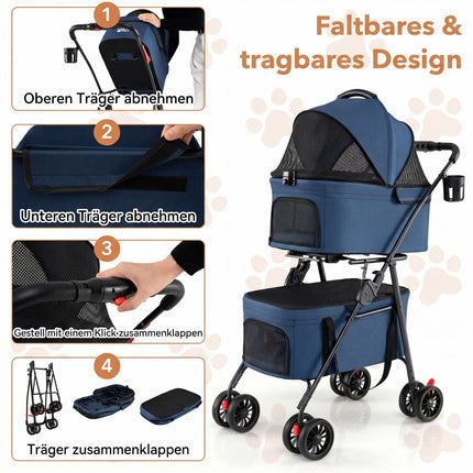 Salokāms 3-in-1 mājdzīvnieku ratiņi ar diviem pārnēsāšanas nodalījumiem, zili