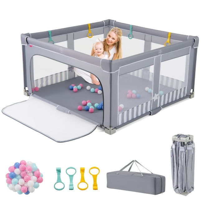 Salokāms bērnu rotaļu laukums ar 50 bumbām, 150x150 cm, pelēks