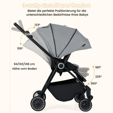 Salokāmi bērnu ratiņi ar apgriežamu sēdekli, pelēki