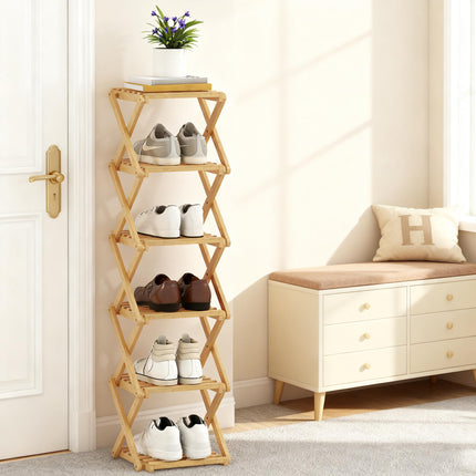 Salokāms bambusa apavu plaukts, 6 līmeņi, paredzēts 9 pāriem, 30x29x108 cm