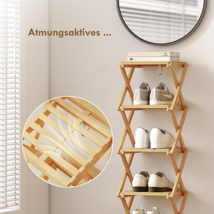 Salokāms bambusa apavu plaukts, 6 līmeņi, paredzēts 9 pāriem, 30x29x108 cm