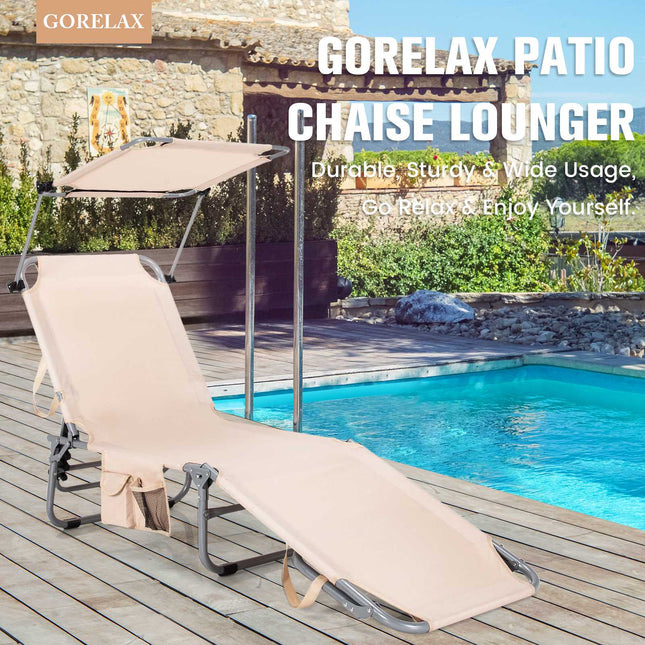 Salokāms šezlongs ar saulessargu un sānu kabatu
