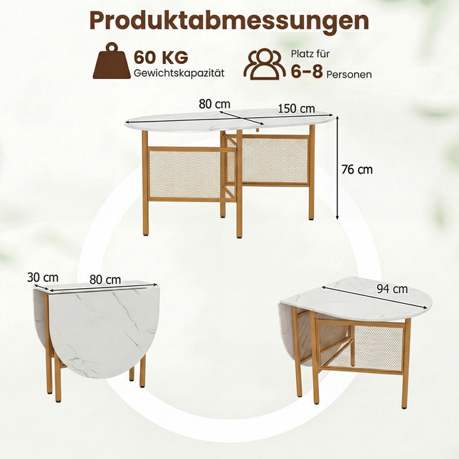 Salokāms ēdamgalds 6-8 personām, vietu taupošs, balts/zelta krāsā