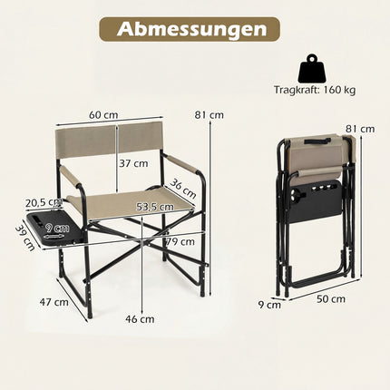 Salokāms režisora ​​krēsls ar sānu galdiņu, 150 kg