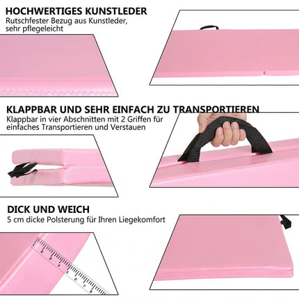 Salokāms fitnesa paklājiņš ar rokturiem, 180x60x5 cm, Rozā