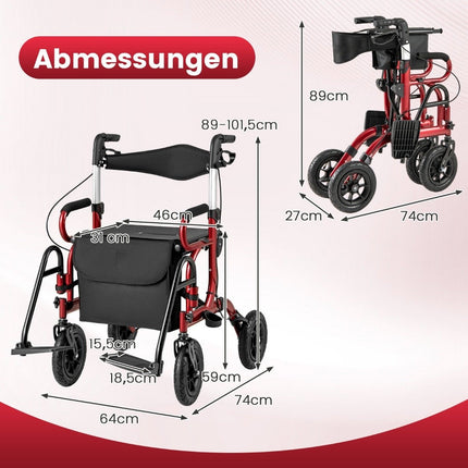 Salokāms, viegls rollators ar pneimatiskajām riepām un sēdekli