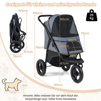 Salokāmi mājdzīvnieku ratiņi, 3 riteņi, regulējams jumts, 25 kg celtspēja