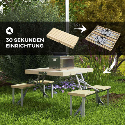 Salokāms piknika galds, dārza sēdvietu grupa ar soliņu un saulessarga atveri, pārnēsājama sēdvietu grupa, egle, dabīgs