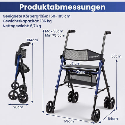 Salokāms rullators ar sēdekli, regulējams augstums, zils