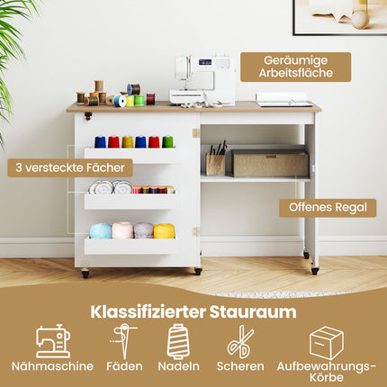 Salokāms šūšanas galds ar uzglabāšanas vietu, noslēdzami riteņi, balts
