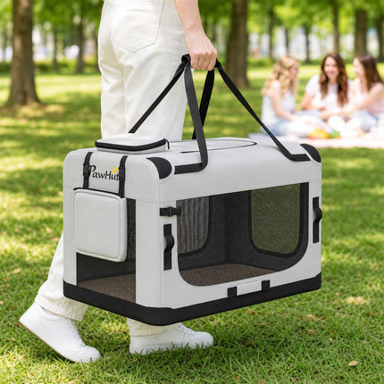 Foldable Soft-Sided Pet Carrier for Dogs Up To 15 kg, Cushion, Bowl, Light Grey