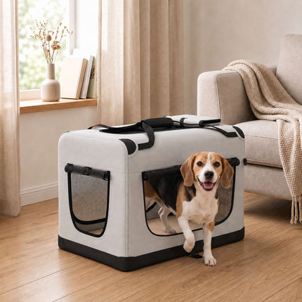 Foldable Soft-Sided Pet Carrier for Dogs Up To 15 kg, Cushion, Bowl, Light Grey