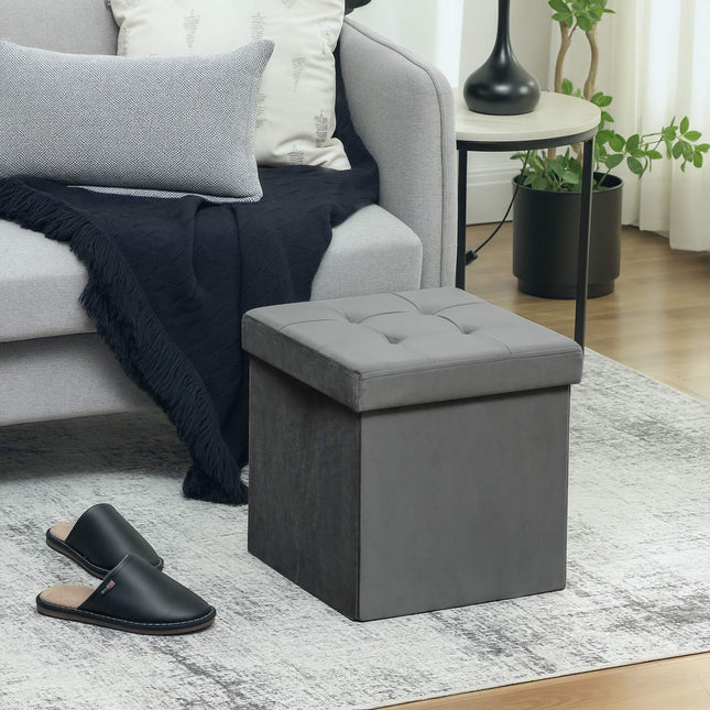 Salokāms uzglabāšanas pufs ar putām, MDF, pelēks, 37,6 l