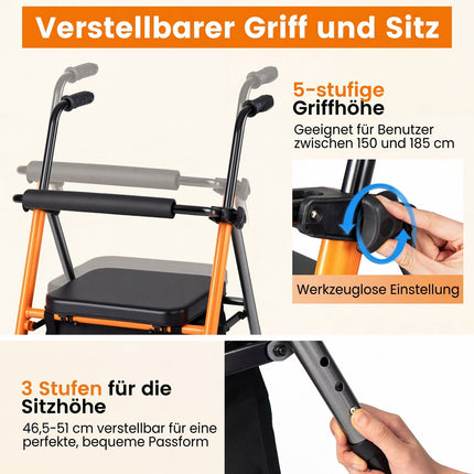 Salokāms ceļojumu rollators, regulējams augstums, oranžs, celtspēja 136 kg