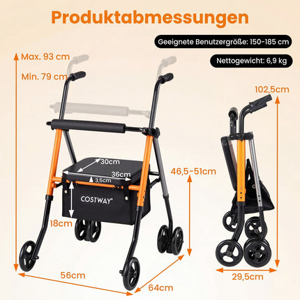 Salokāms ceļojumu rollators, regulējams augstums, oranžs, celtspēja 136 kg