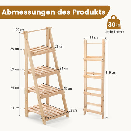 Salokāms koka augu statīvs ar 4 plauktiem, 52x38x109 cm