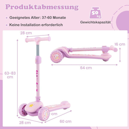 Salokāms bērnu skrejritenis ar PU LED riteņiem un aizmugurējo bremzi, regulējams augstumā, rozā