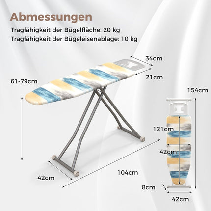Salokāms gludināmais dēlis ar gludekļa paliktni un 7 regulējama augstuma gludināmā dēļa kravnesība līdz 30 kg, zils un dzeltens L