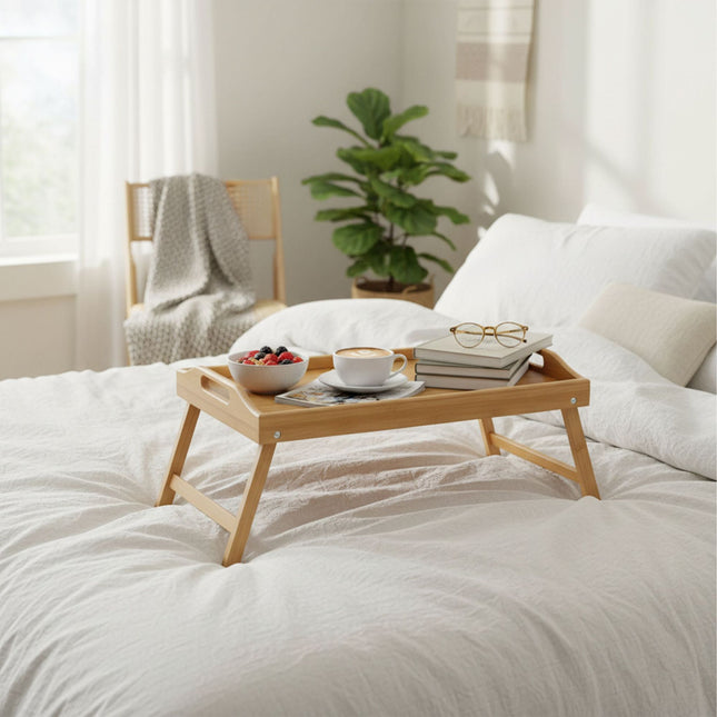 Folding Bamboo Bed Tray with Phone & Tablet Holder