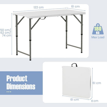 Saliekams kempinga galds 122 cm, regulējams augstums, HDPE virsma