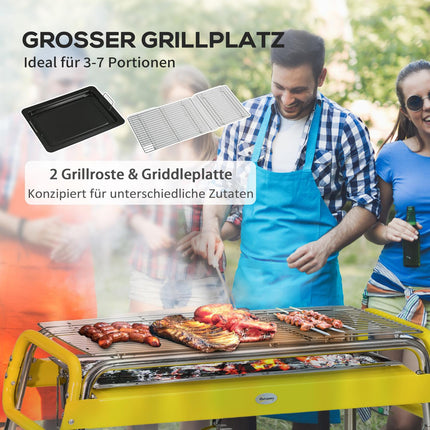 Salokāms ogļu grils, BBQ grils ar 2 grila restēm, grila plāksne, salokāmas kājas, noņemama ogļu paplāte, nerūsējošais tērauds