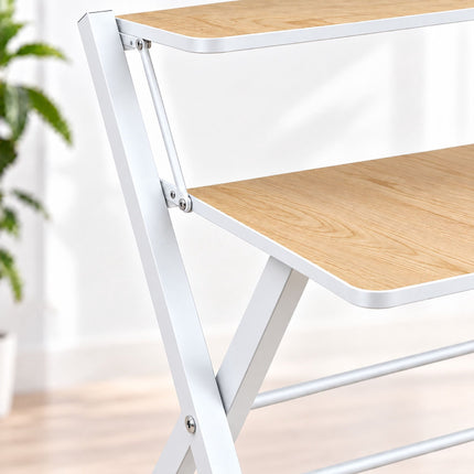 Folding Computer Desk with Monitor Riser, 2 Levels, Natural Wood Effect, White