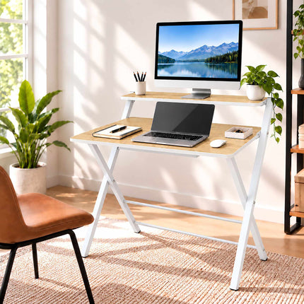 Folding Computer Desk with Monitor Riser, 2 Levels, Natural Wood Effect, White