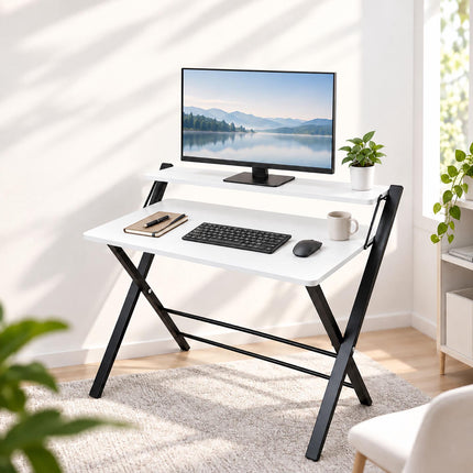 Folding Computer Desk with Monitor Riser and 2 Levels, 20 kg Load, Black Frame